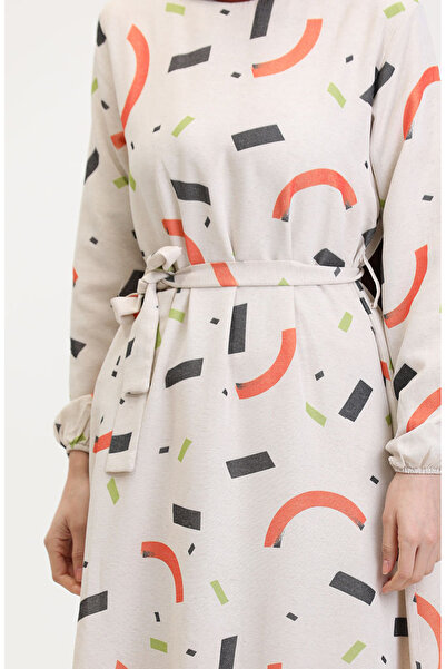 sefamerve Λινό φόρεμα με σχέδιο Plus Size 91817-03 Κρεμ Πλακάκι