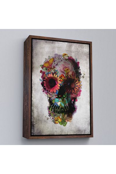 Harita Sepeti White Framed Sugar Skull with Colorful Flowers Skull Day of the Dead Canvas Print