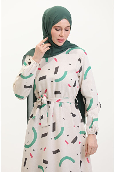 sefamerve Λινό φόρεμα με σχέδιο Plus Size 91817-01 Κρεμ πράσινο