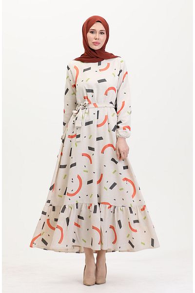 sefamerve Λινό φόρεμα με σχέδιο Plus Size 91817-03 Κρεμ Πλακάκι