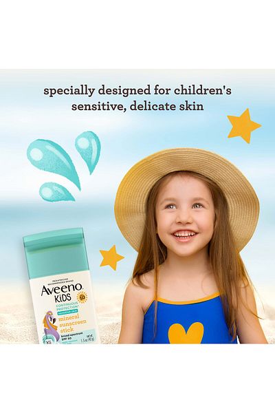 AVEENO Kids Zinc Oxide Mineral Sunscreen Stick SPF 50, Sensitive Skin, Water-Resistant, 1.5 oz