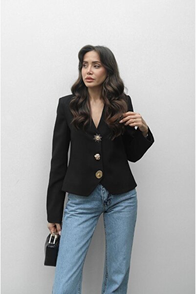 Havoş Black Button Detailed V-Neck Jacket