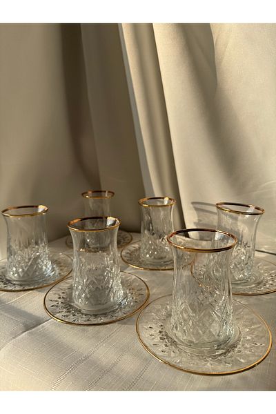 Şahika Kristal cama atılan imza Lara Gold 12 Piece Tea Set 170ml