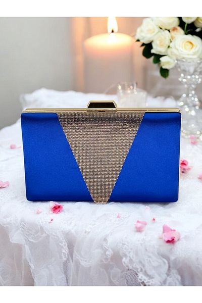 Biçanta Geanta de seara din satin albastru Saks Rosegold Stone Geanta de seara Geanta de nunta de logodna
