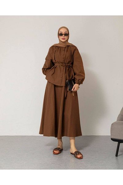 lariva Hijab Buttoned Skirted Coffee Parachute Fabric Suit