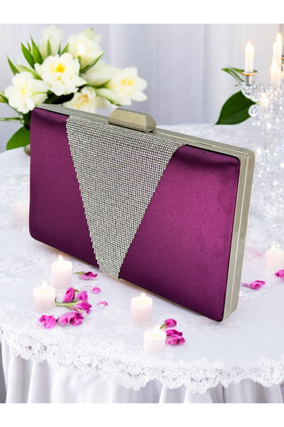 MidStore حقيبة سهرة من الساتان الأرجواني مع حجر فضي