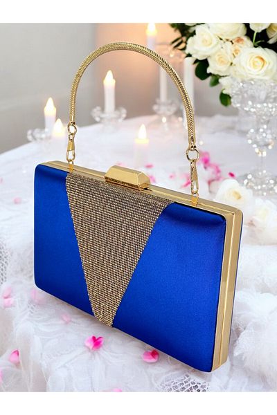 Biçanta Saks Blue Satin Rosegold Stone Mâner metalic Geanta de seara Geanta de seara Geanta de nunta de logodna