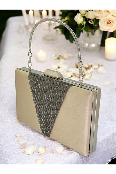 Biçanta Nude Satin Platinum Stone Μεταλλική λαβή βραδινή τσάντα τσάντα νυχτερινή τσάντα αρραβώνων Τσάντα γάμου