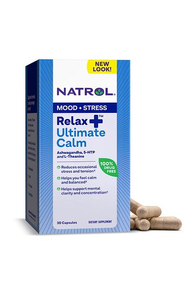 Natrol Relax+ Ultimate Calm with Ashwagandha, 5-HTP, L-Theanine, Stress Relief, 30 Capsules