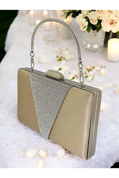 Biçanta Nude Satin Silver Rhinestone Μεταλλική λαβή βραδινή τσάντα τσάντα βραδινή τσάντα αρραβώνων Τσάντα γάμου