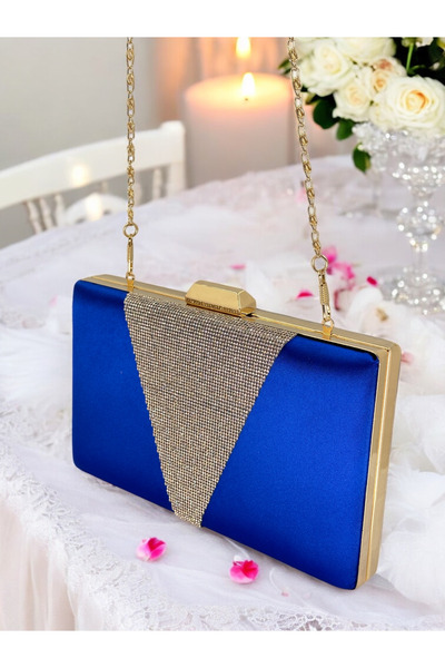 Biçanta Сакс Синя атласна сумочка з золотими камінцями та металевою ручкою Вечірня сумочка Сумочка для заручин та весілля
