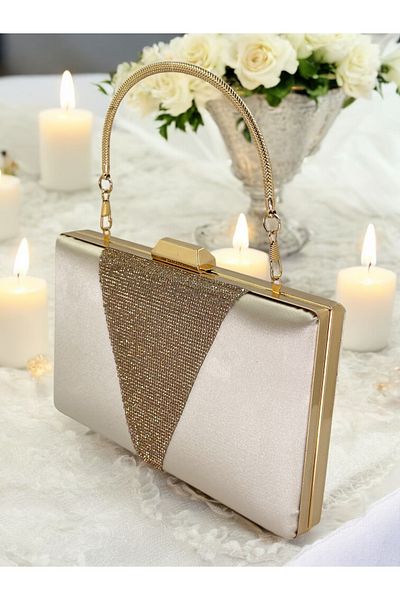 Biçanta Βραδινή τσάντα φορέματος Rosegold Stone - Νυχτερινή τσάντα αρραβώνων και γάμου με μεταλλική λαβή σατέν δέρματος