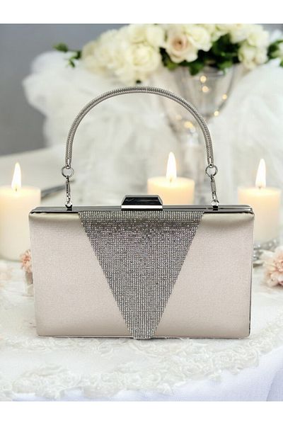 Biçanta Skin Satin Silver Stone Μεταλλική λαβή Βραδινή τσάντα Τσάντα αρραβώνων Τσάντα γάμου