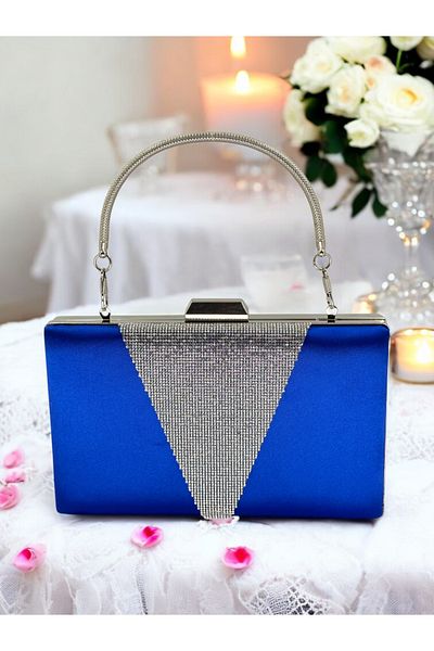 Biçanta Saks Blue Satin Silver Stone Mâner metalic Geanta de seara Geanta de seara Geanta de nunta de logodna