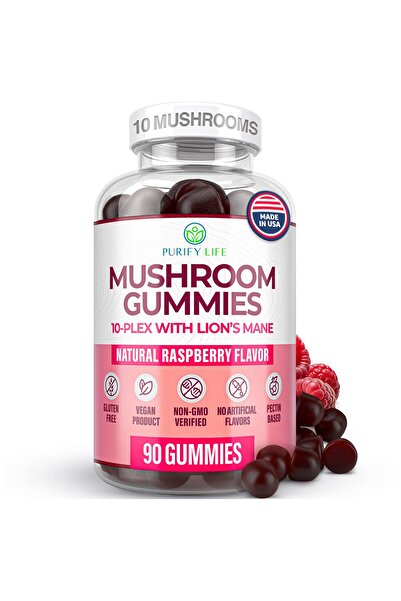 PURIFY LIFE Mushroom Gummies - 10x Complex with Lions Mane, 2500mg, 90 Chews - Brain & Immune Support