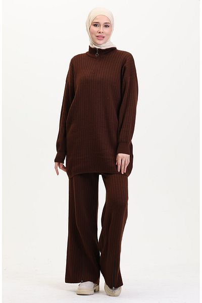 sefamerve Zippered Leg Knitwear Set - Brown 11030-02