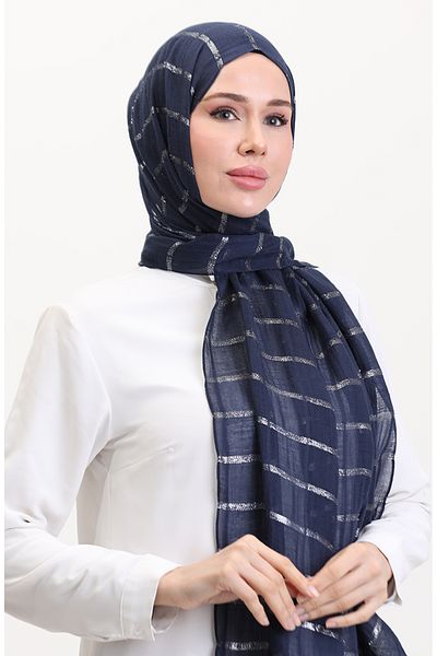 sefamerve Ασημί λινό σάλι 2072-04 Navy Blue