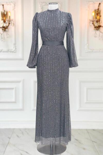 TRENDTESETTÜR KADIN GRİ (ANTRESİT) PUL PAYETLİ ABİYE ELBİSE T 5063