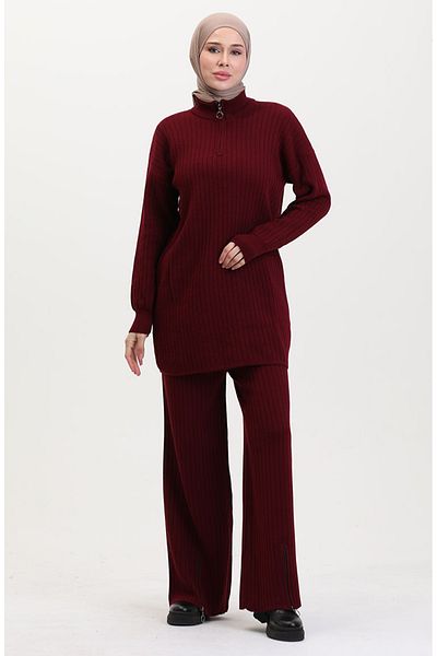 sefamerve Knitwear Suit with Zippered Legs 11030-01 Claret Red