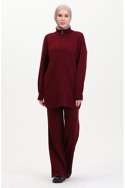 sefamerve Knitwear Suit with Zippered Legs 11030-01 Claret Red