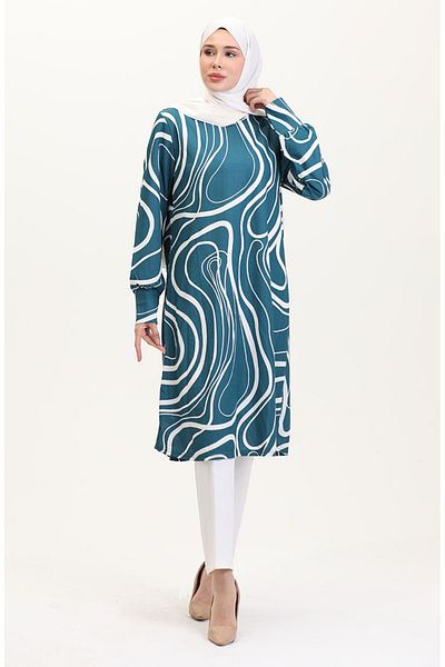 sefamerve Large Size Patterned Tunic 1129-03 Petrol