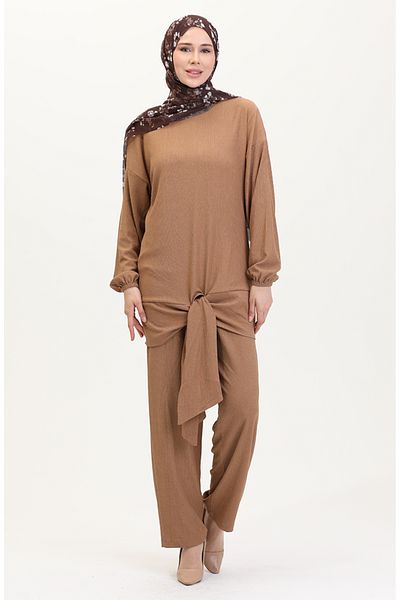 sefamerve Front Tie 7680-03 Milky Brown Tunic and Pants Double Set