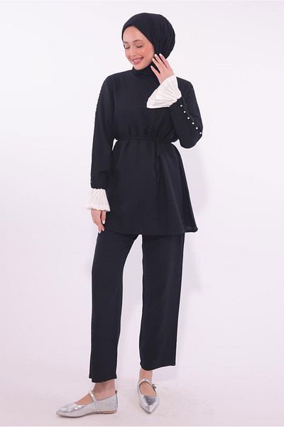 TRENDTESETTÜR Women's Black Bonchu Detailed Trousers Suit t 9174