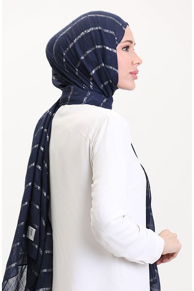 sefamerve Ασημί λινό σάλι 2072-04 Navy Blue
