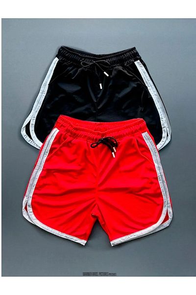 ALCİNOUS Black-Red Mesh Basketball Training Shorts Set of 2 with Stripe Detail