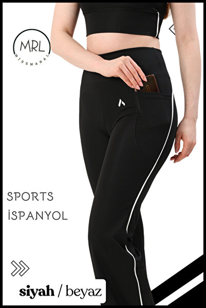 missmaral Women's Leggings Pants Lycra High Waist Gathering Fabric Black/White Stripe Detailed with Pocket 1042