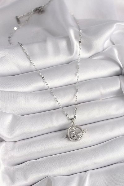 Clariss 316L Steel Silver Color Chain Zircon Stone Star Detail Planet Model Women's Necklace