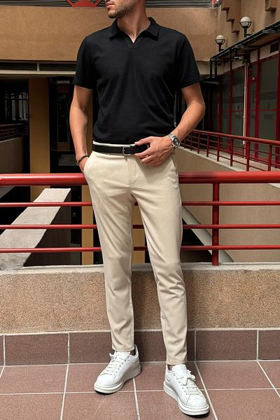 inpool Ανδρικό Slim Fit Old Money Culture Λεπτομέρεια ελαστικό υφασμάτινο παντελόνι ASP02