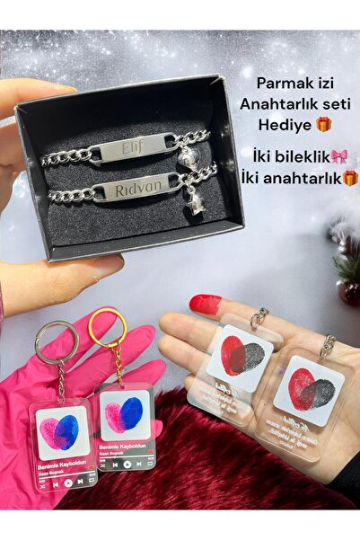 HayDün Parmak izi anatarlık seti hediyeli çift yazılı çelik bileklik