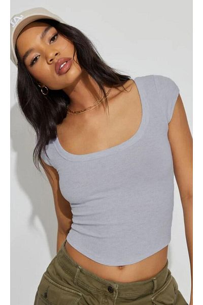 Madmext Graues Damen-T-Shirt mit breitem Kragen Mg2341
