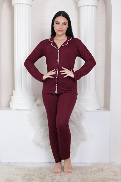 MEBA Women's Buttoned Ribbed Knitted Long Sleeve Seasonal Purple Pajama Set