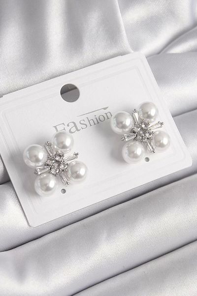 Clariss Brass Silver Color Women's Earrings with Zircon Stone and Pearls