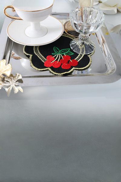 PLT Design Set of 6 Cherry Patterned Black Linen Linen Coffee Side Cocktail Presentation Napkins