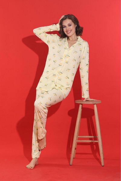 MEBA Women's Buttoned Ribbed Knitted Long Sleeve Seasonal Yellow Branched Lemon Pajama Set