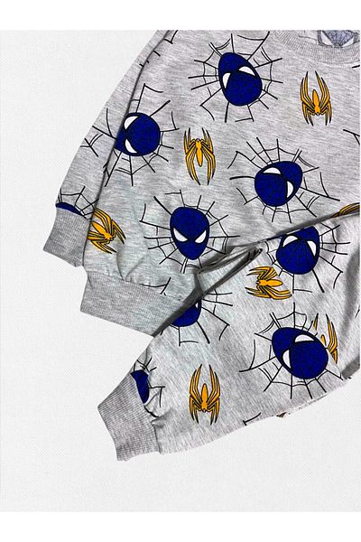 Fil Kids Boy's 100% Cotton Gray Blue Spiderman Patterned Long Sleeve Seasonal Pajama Set