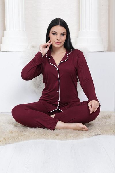MEBA Costum de pijama mov sezonier cu mânecă lungă tricotată cu nasturi pentru femei