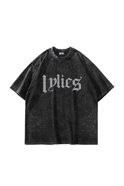 Sekizbiraltı Lylies Stone Print Oversize Unisex Πλενόμενο μαύρο μπλουζάκι