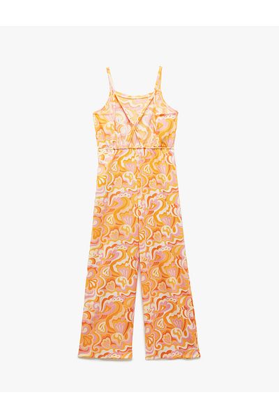 Koton Strappy Crew Neck Sleeveless Patterned Long Jumpsuit
