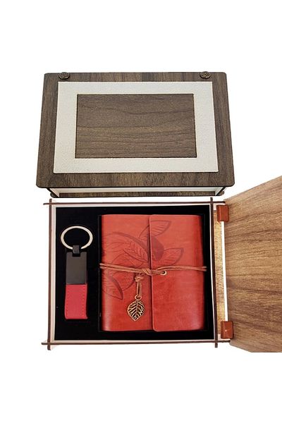 No8 Home Coffee Leather Notebook and Keychain Set with Special Wooden Box
