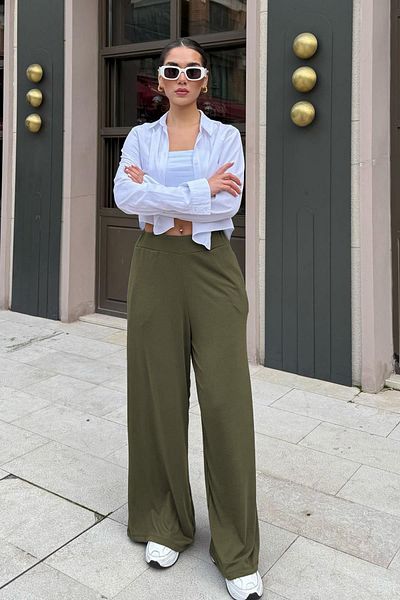 Madmext Khaki High Waist Relaxed Cut Wide Leg Women's Pants Mg2309