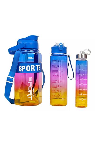 Vadi 3-Piece Motivational Sports Water Bottle 2Lt 900ml 320ml Tritan Sports Water Bottle