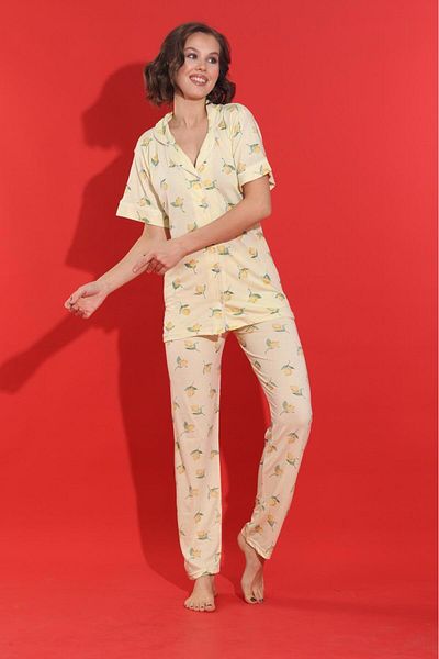MEBA Women's Buttoned Ribbed Knitted Short Sleeve Yellow Branch Lemon Pajama Set
