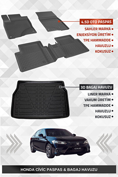 Sahler Honda Civic 2021+ Uyumlu 4.5D Premium Havuzlu Oto Paspas ve Liner Mark...