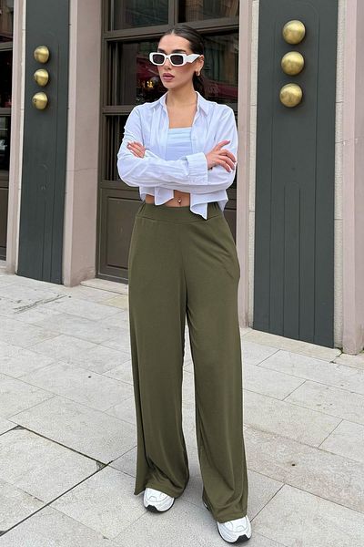 Madmext Khaki High Waist Relaxed Cut Wide Leg Women's Pants Mg2309