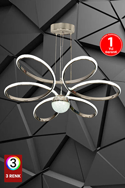 FUZON 3 Renk Toplu Krom Salon Led Avize Papatya Ledli Avize Büyük Salon Avizesi Kumandasız