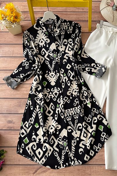 MODAQU Ethnic Patterned Viscose Tunic - Black